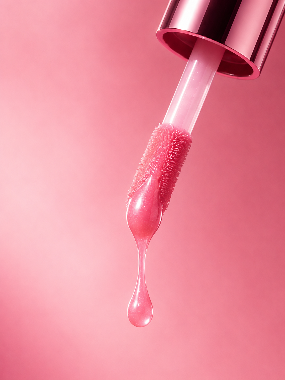 A drop of pink gloss trembling at the wand.